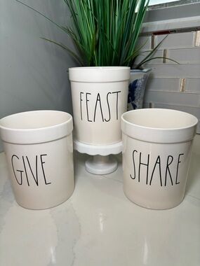 Rae Dunn Artisan Collection "GIVE SHARE FEAST" Ceramic Utensil Holder Set